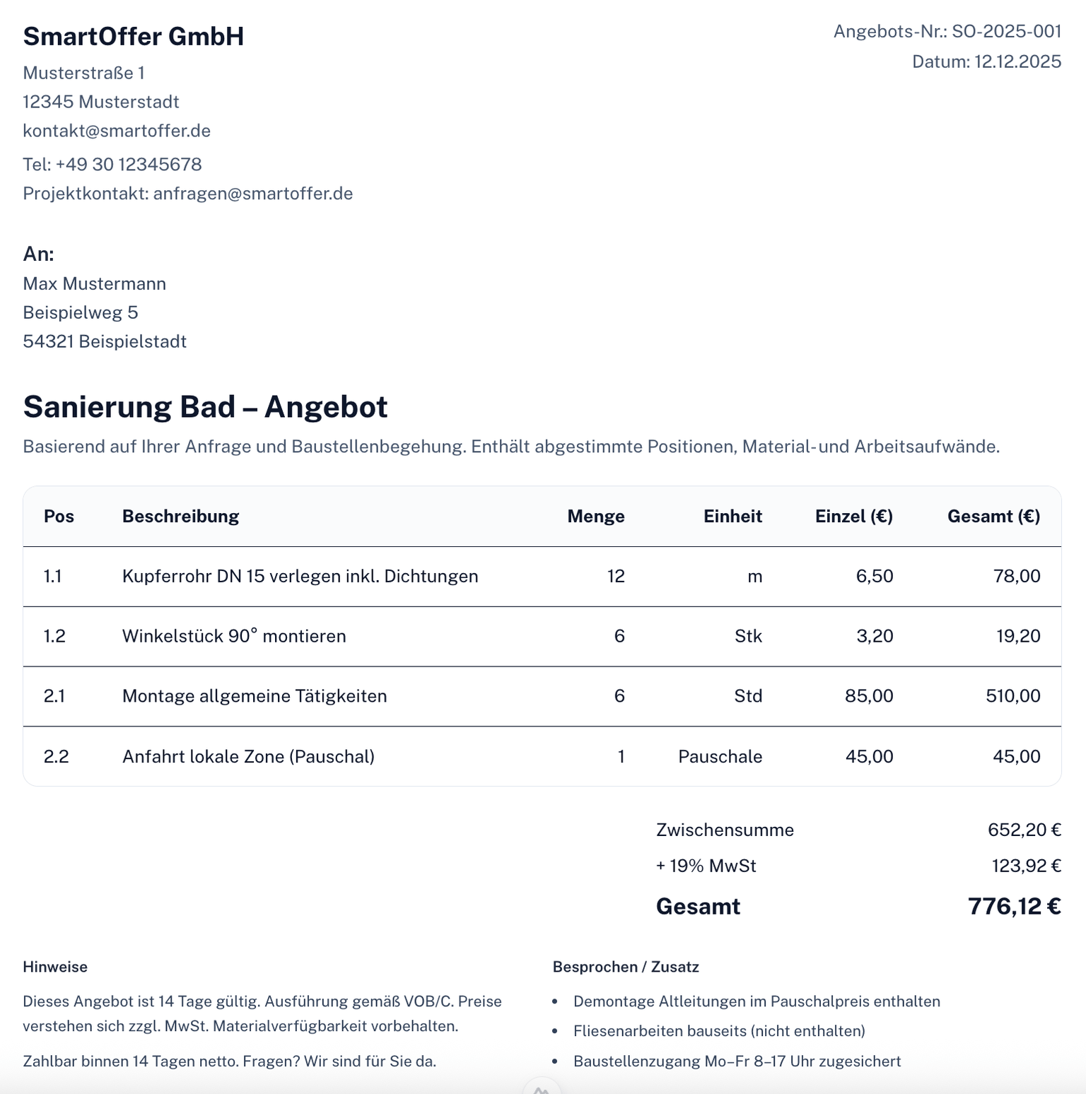 Fertiges Angebot als PDF